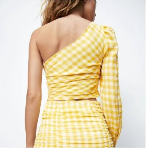 NWOT Zara Asymmetric Venus Yellow Gingham One Shoulder Crop Top S - Picture 11 of 12